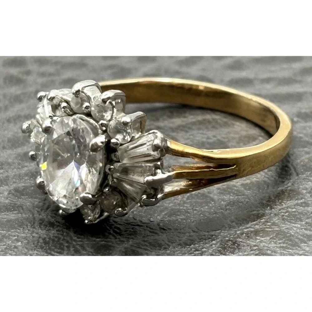 Vintage Yellow Gold Plated Oval CZ Halo Cocktail Ring Round Baguette Accents